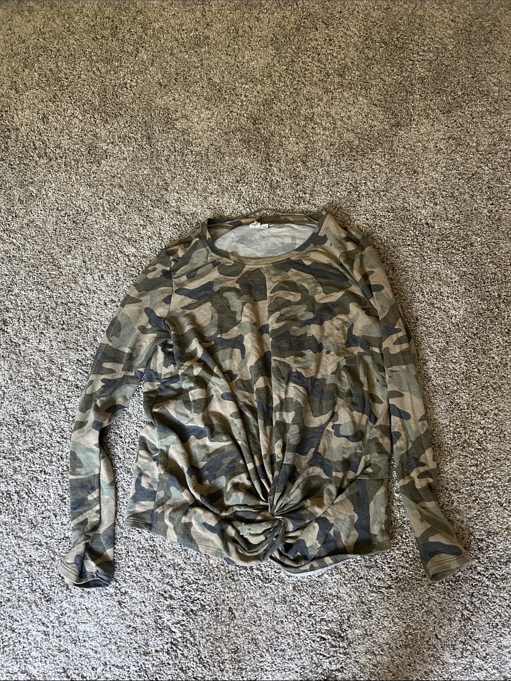 Cable and Gauge Long Sleeve Camo Knit Top with Front Twist - Olive Camo
